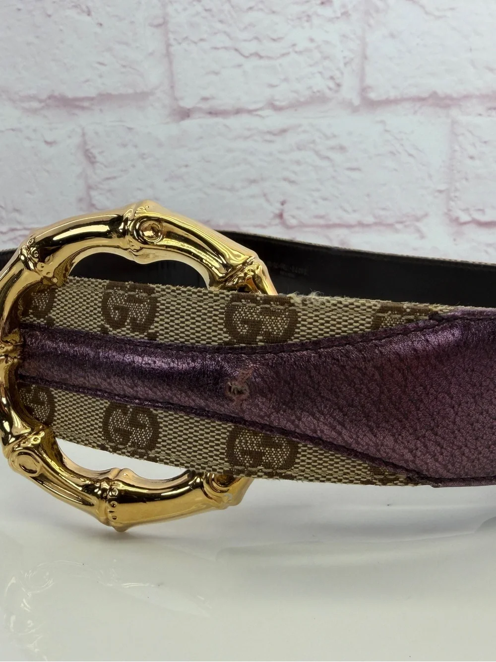 Gucci Vintage Bamboo GG Canvas Leather Waist Metallic Purple Belt 75/30